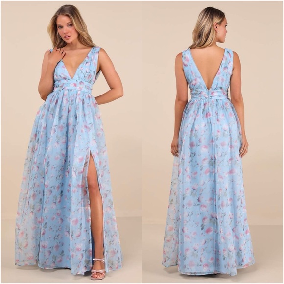 Lulus Dresses & Skirts - LULU’S Garden Romance Light Blue Floral Print Organza Maxi Dress